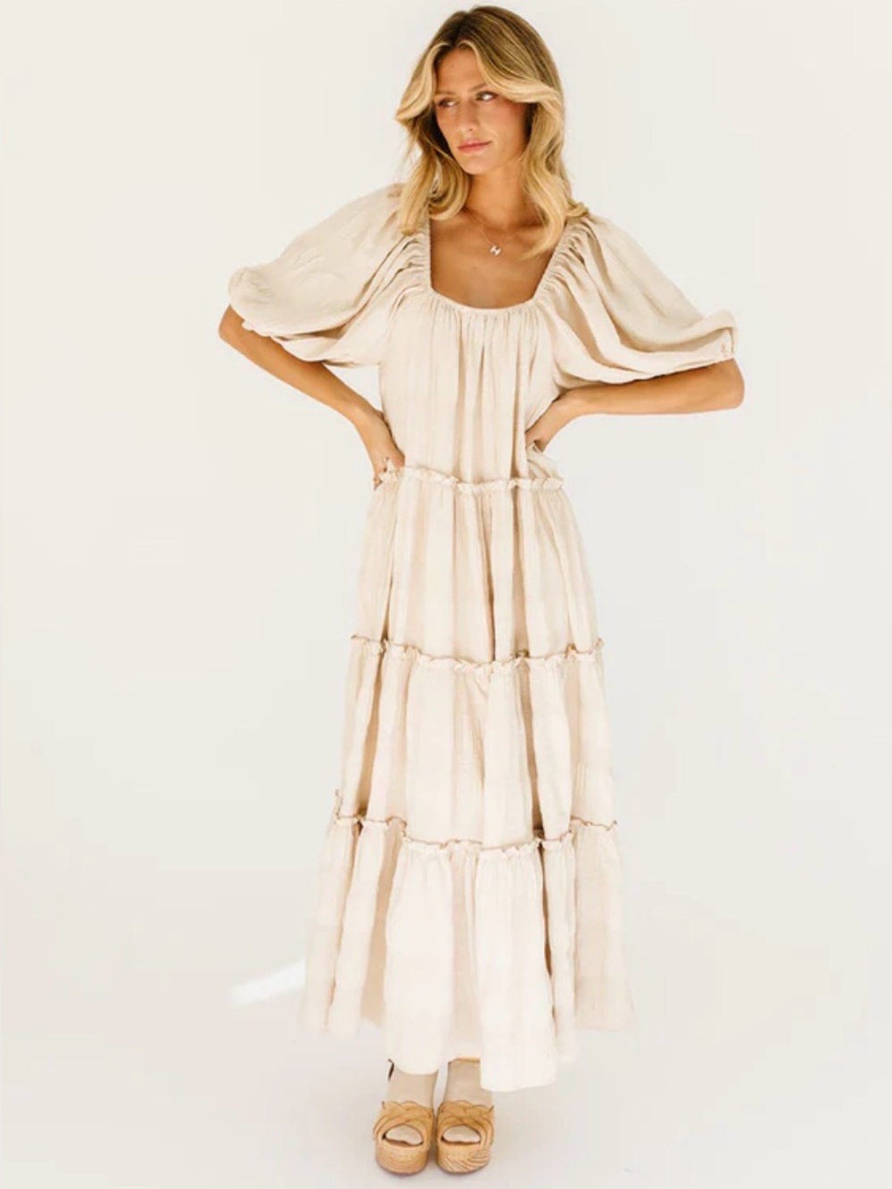 Zoco Daymaker Dress Balloon Puff Sleeve Tiered Maxi Dress Sand Beige M